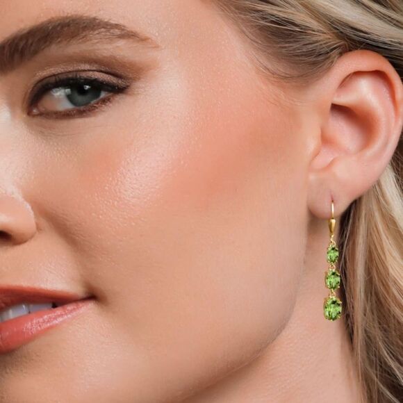 18K Yellow Gold with 5.64 Cttw 3 Stone Peridot Dangling Leverback Drop Earrings - Picture 3 of 5